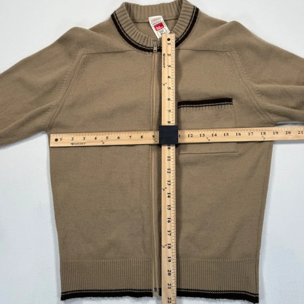Vintage St Michael Mens Full Zip Cardigan Sweater Tan Brown Trim UK Made 38in